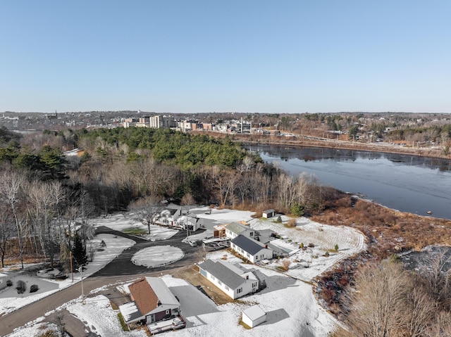 drone / aerial view with a water view