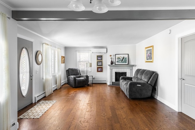 living room with a wall mounted air conditioner, dark hardwood / wood-style flooring, ornamental molding, and a baseboard heating unit