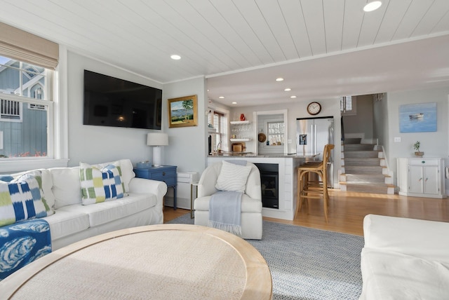 6 Brooks St, Kennebunkport, ME 04046 - living area featuring wood finished floors, recessed lighting, wood ceiling, and bar area