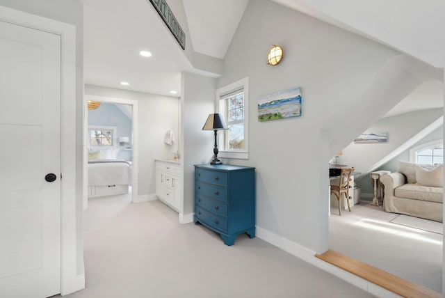 6 Brooks St, Kennebunkport, ME 04046 - corridor featuring light colored carpet, lofted ceiling, and recessed lighting