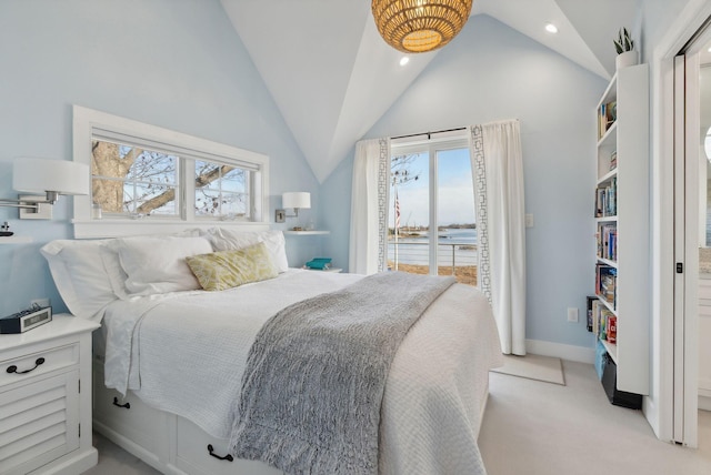 6 Brooks St, Kennebunkport, ME 04046 - bedroom featuring vaulted ceiling, light carpet, a water view, and recessed lighting