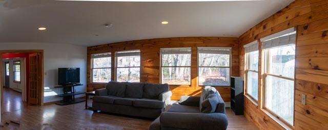 living room with wood-type flooring and a healthy amount of sunlight