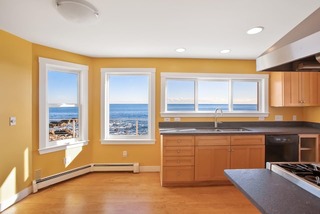 kitchen with dishwasher, island range hood, sink, baseboard heating, and light hardwood / wood-style floors