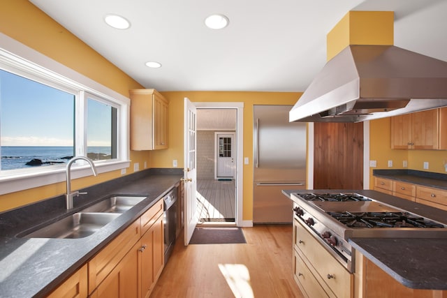 kitchen featuring sink, stainless steel appliances, light hardwood / wood-style flooring, island exhaust hood, and a water view