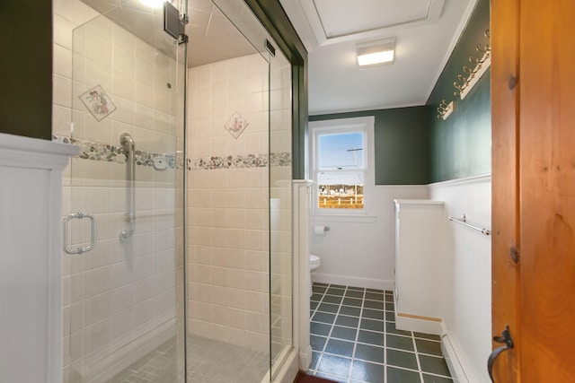 bathroom with walk in shower, a baseboard radiator, and toilet