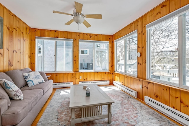 sunroom with ceiling fan and a baseboard radiator