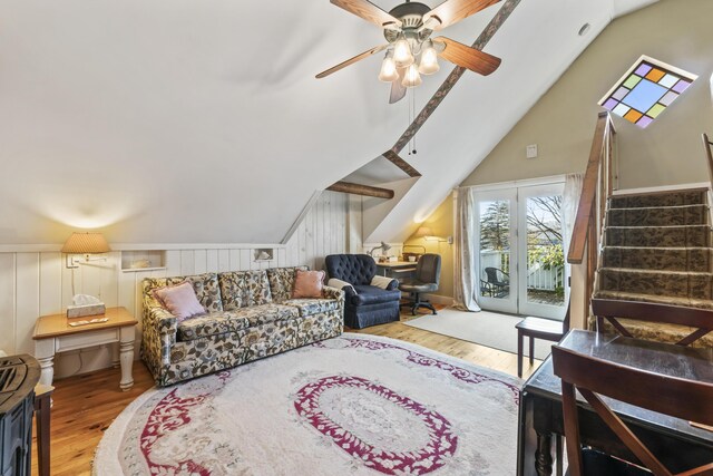 9 Dry Point Dr, Rome, ME 04963 - living room featuring ceiling fan, high vaulted ceiling, and light hardwood / wood-style floors