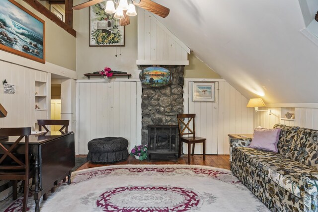 9 Dry Point Dr, Rome, ME 04963 - living room with ceiling fan, wooden walls, lofted ceiling, and hardwood / wood-style flooring
