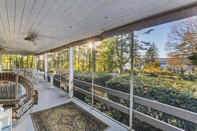 9 Dry Point Dr, Rome, ME 04963 - sunroom featuring ceiling fan and wooden ceiling