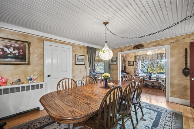 9 Dry Point Dr, Rome, ME 04963 - dining room featuring hardwood / wood-style floors, radiator heating unit, and wooden ceiling