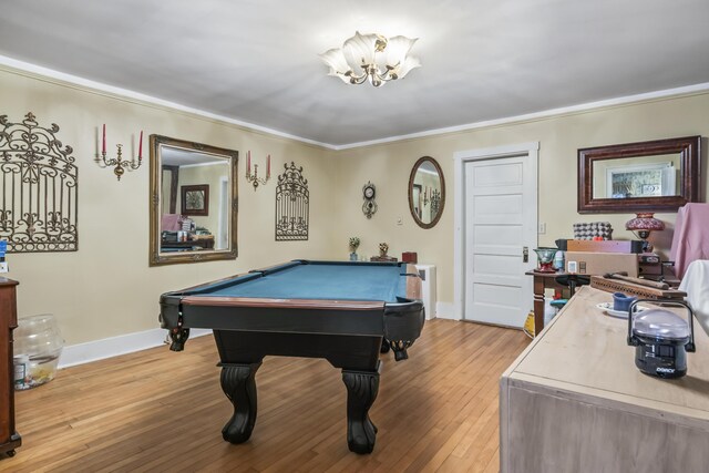 9 Dry Point Dr, Rome, ME 04963 - recreation room with hardwood / wood-style floors, an inviting chandelier, ornamental molding, and pool table