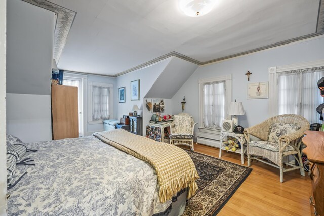 9 Dry Point Dr, Rome, ME 04963 - bedroom featuring crown molding, hardwood / wood-style floors, and lofted ceiling
