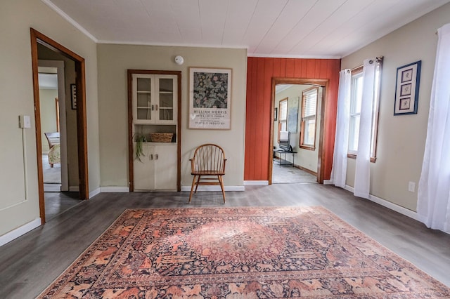 spare room with wood-type flooring and ornamental molding