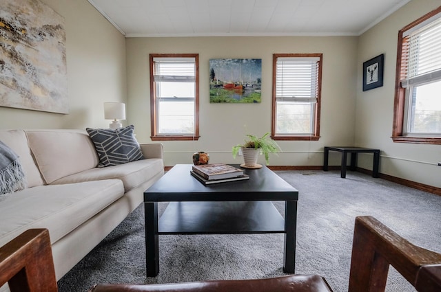 living room featuring carpet and ornamental molding