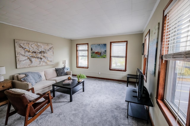 carpeted living room with ornamental molding