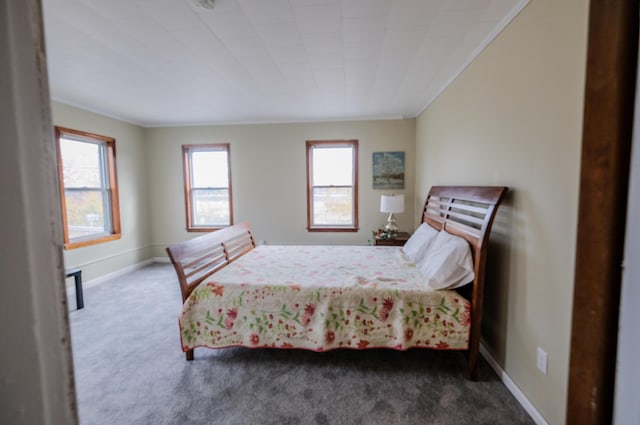 carpeted bedroom with ornamental molding and multiple windows