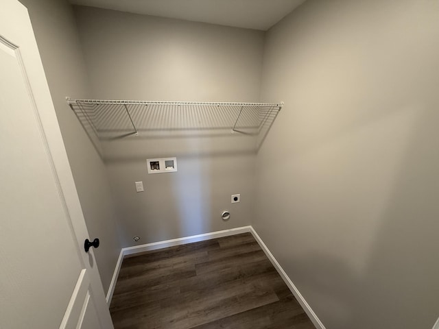 laundry room with electric dryer hookup, hookup for a washing machine, and dark hardwood / wood-style flooring