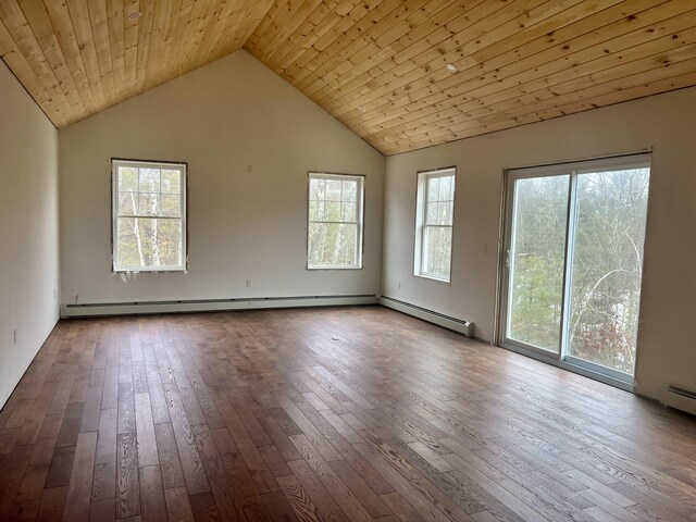 79 Pasture Ln, Brownfield, ME 04010 - spare room featuring dark wood-style flooring, vaulted ceiling, baseboard heating, and wooden ceiling