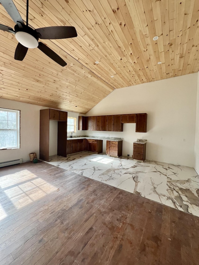 79 Pasture Ln, Brownfield, ME 04010 - bonus room featuring vaulted ceiling, baseboard heating, a ceiling fan, wooden ceiling, and light marble finish flooring
