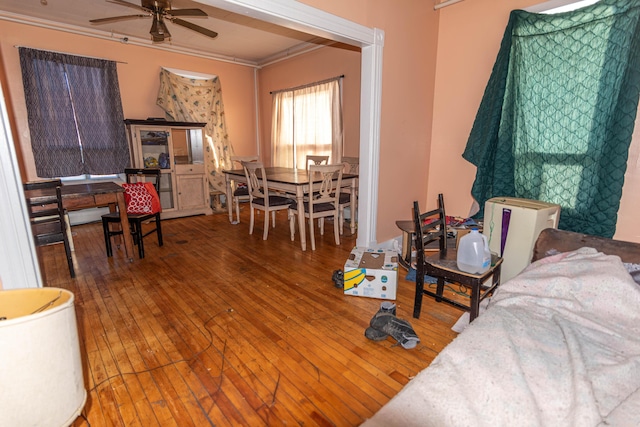 living room with hardwood / wood-style floors, ceiling fan, and ornamental molding