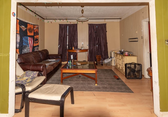 living room with wood walls and light hardwood / wood-style floors