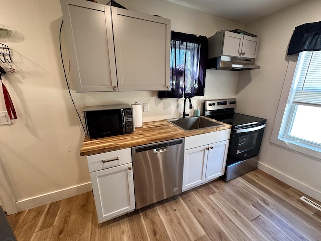 kitchen featuring wooden counters, stainless steel appliances, white cabinets, and sink