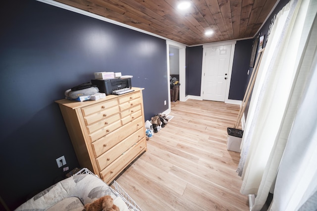 interior space with wood ceiling and light wood-type flooring