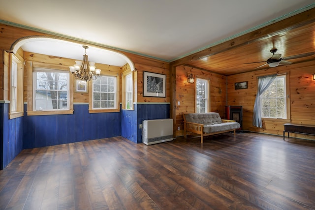 unfurnished room with wood walls, dark hardwood / wood-style flooring, and a wealth of natural light