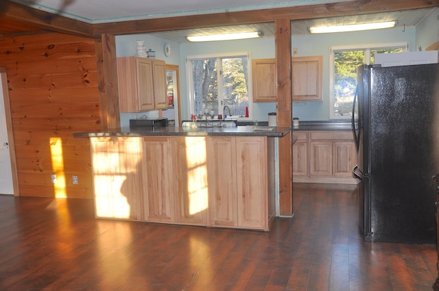 kitchen featuring kitchen peninsula, dark hardwood / wood-style flooring, a wealth of natural light, and black refrigerator