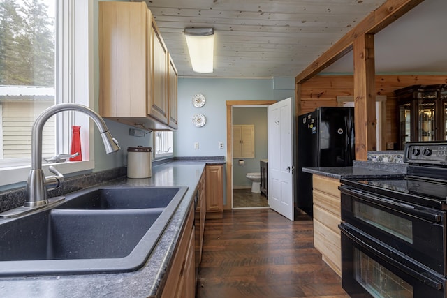 kitchen featuring light brown cabinetry, dark wood-type flooring, sink, black appliances, and wood walls