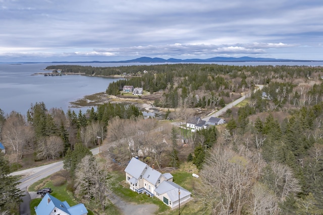 birds eye view of property with a water and mountain view