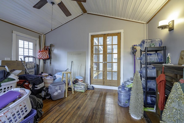 miscellaneous room with french doors, dark hardwood / wood-style flooring, vaulted ceiling with beams, and wooden ceiling