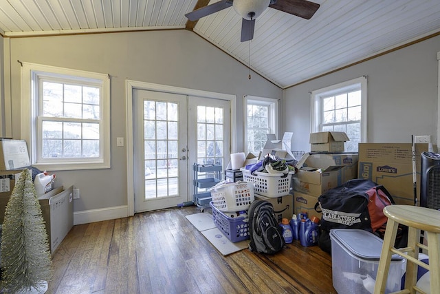 interior space featuring ceiling fan, french doors, wooden ceiling, and vaulted ceiling