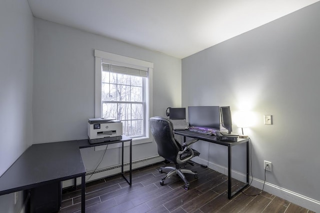 office area with dark hardwood / wood-style floors and baseboard heating