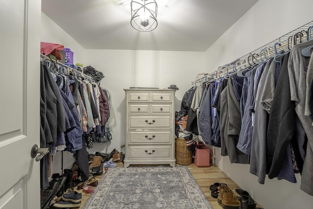 walk in closet with light hardwood / wood-style floors