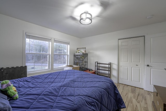 bedroom featuring light hardwood / wood-style floors and a closet