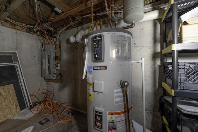 utility room with electric panel and water heater