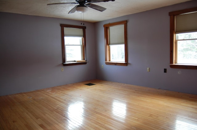 unfurnished room featuring a wealth of natural light, light hardwood / wood-style flooring, ceiling fan, and a textured ceiling