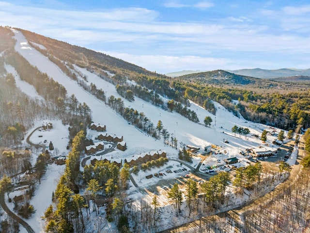 snowy aerial view featuring a mountain view