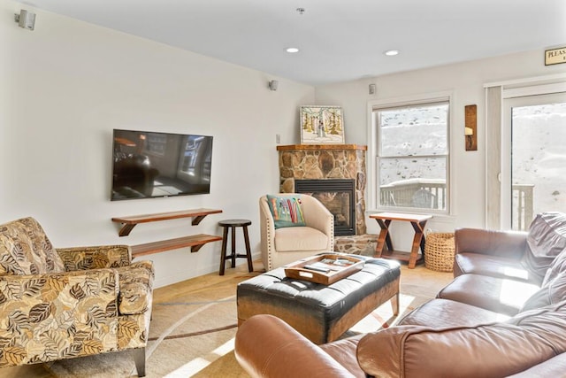 living room with a fireplace