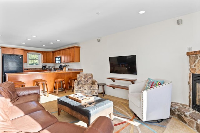 living room with a fireplace