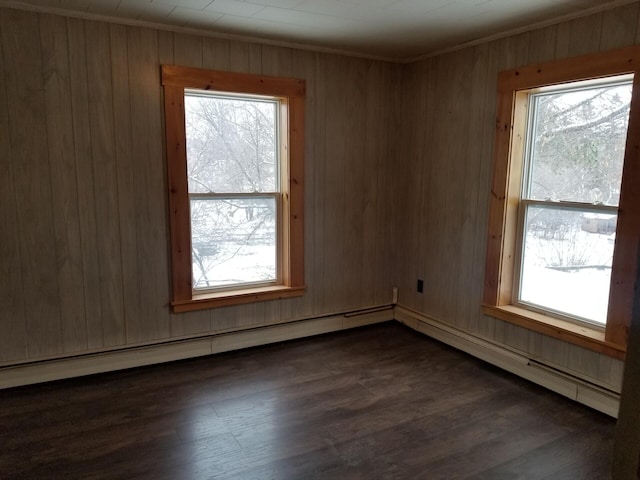 spare room featuring a healthy amount of sunlight, ornamental molding, and baseboard heating