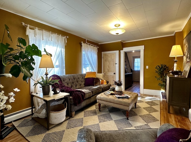 living room featuring a baseboard radiator, ornamental molding, and light wood-type flooring