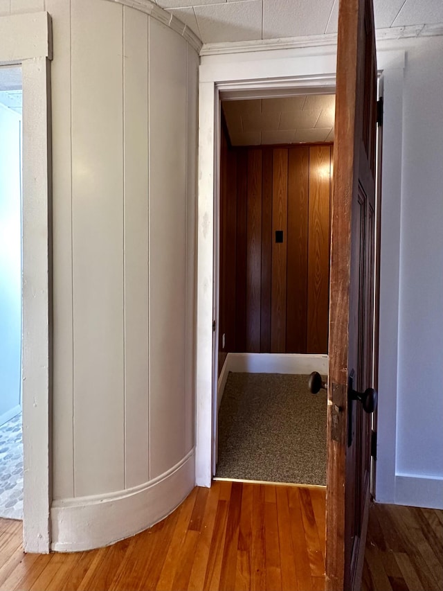 hallway featuring wood-type flooring and wood walls