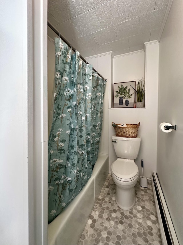 bathroom with ornamental molding, toilet, shower / bath combo with shower curtain, and a baseboard heating unit