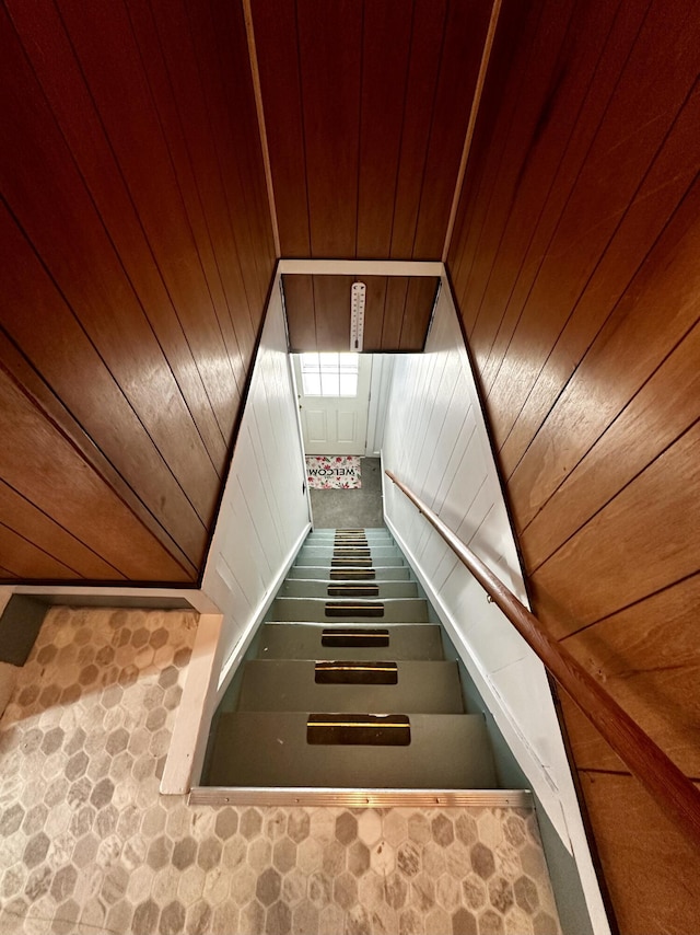 stairs with wooden ceiling and wood walls