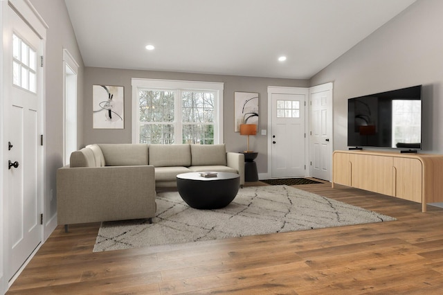 living room featuring lofted ceiling and wood-type flooring