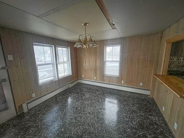 unfurnished dining area with wood walls and a notable chandelier