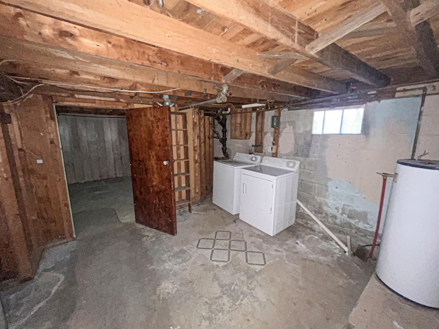 basement with separate washer and dryer and water heater