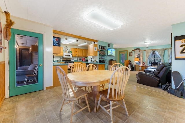 dining space featuring ornamental molding and a textured ceiling